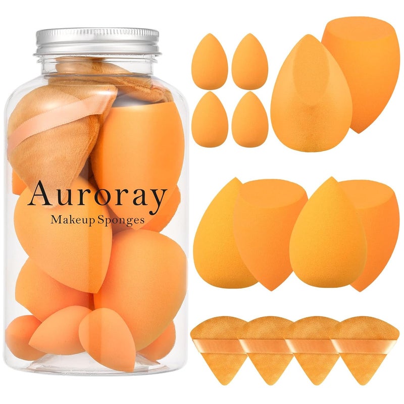 AuraRay 14 Pcs Makeup Sponge Set,Beauty Sponges Blender with 4 Pcs Powder Puff and 4 Pcs Mini Make up Sponges Birthday Gift,Mother's Day Gift for Women Liquid,Foundation,Powder,Concealer,Cream(Orange) - Image 1